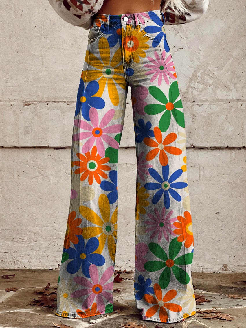 Daisy Print Casual Wide-Leg Pants