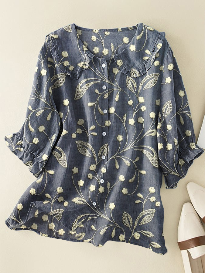 Vintage Floral Cotton & Linen Peter Pan Ruffle Collar Shirt