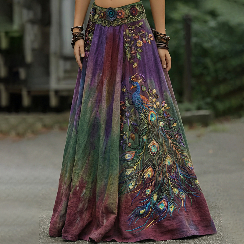 Vintage Classy Gradient Purple Peacock And Floral Embroidered Art Blend Casual Skirt