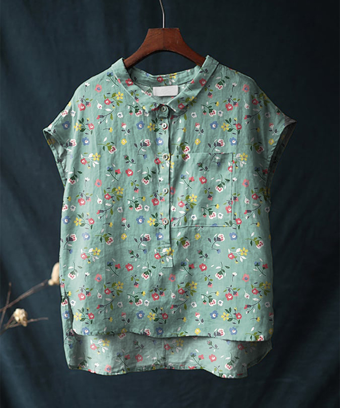 Vintage Floral Print Short-sleeved Cotton & Linen Shirt