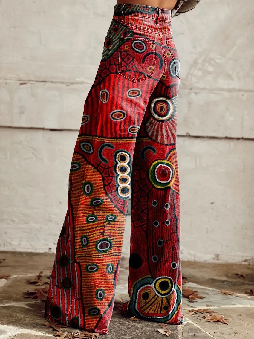 Vintage Print Casual Wide-Leg Pants