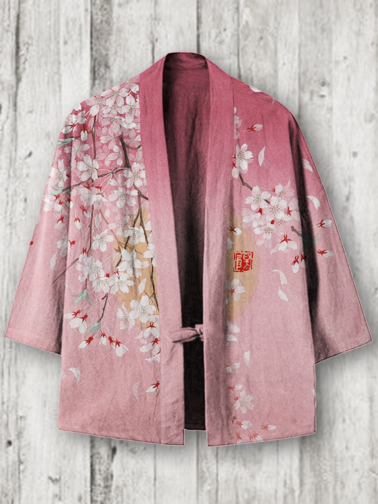Cherry Blossom Full Moon Japanese Art Linen Blend Kimono Cardigan