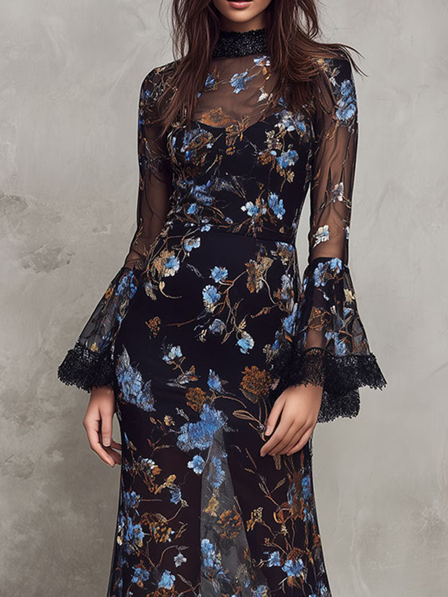 Black Floral Sheer Maxi Dress ̈C Lace-Trimmed Bell Sleeves& High Neck