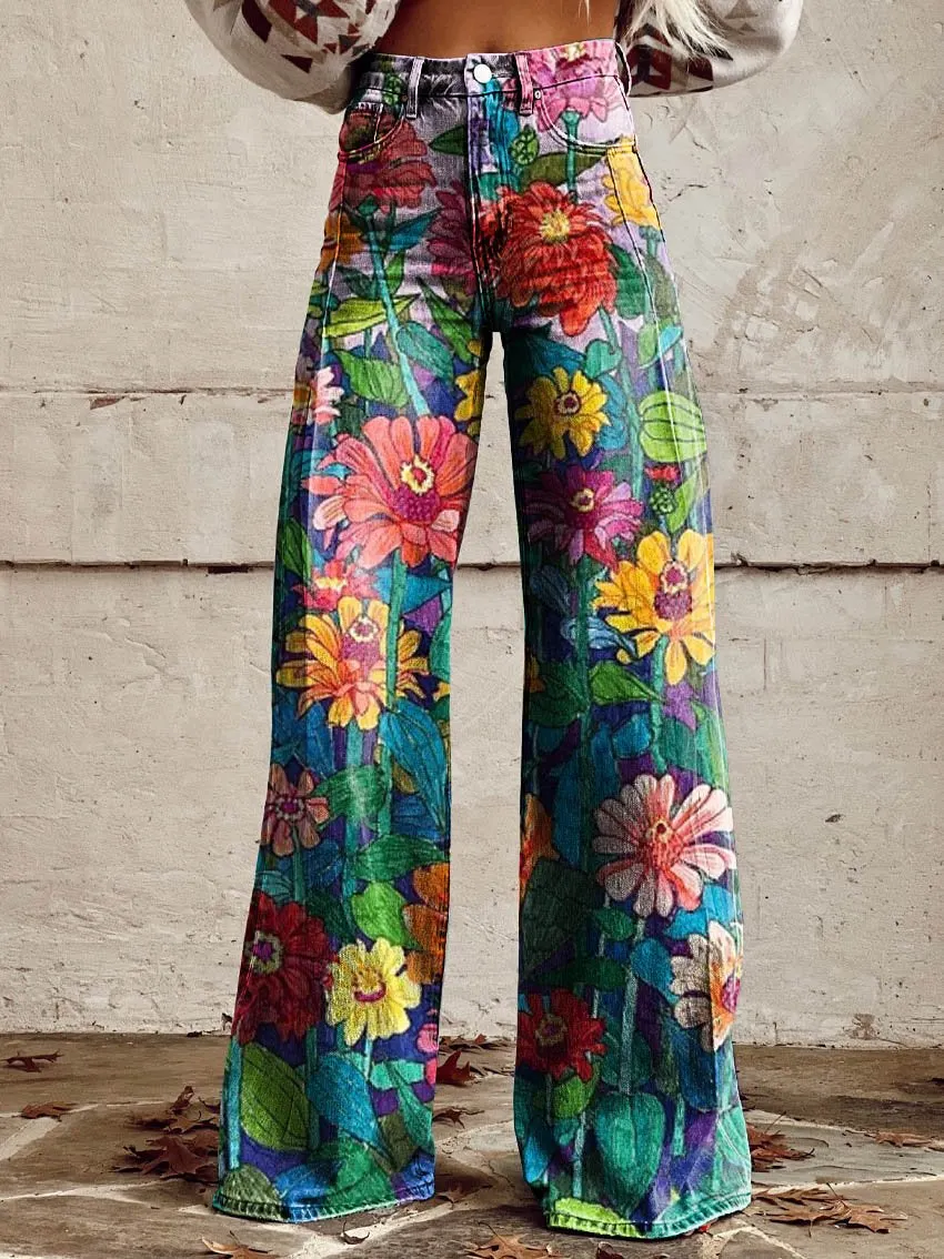 Daisy Print Casual Wide-Leg Pants