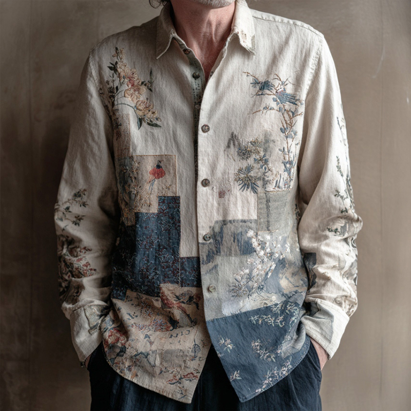 Men's Retro Japanese Art Floral Print Shirt