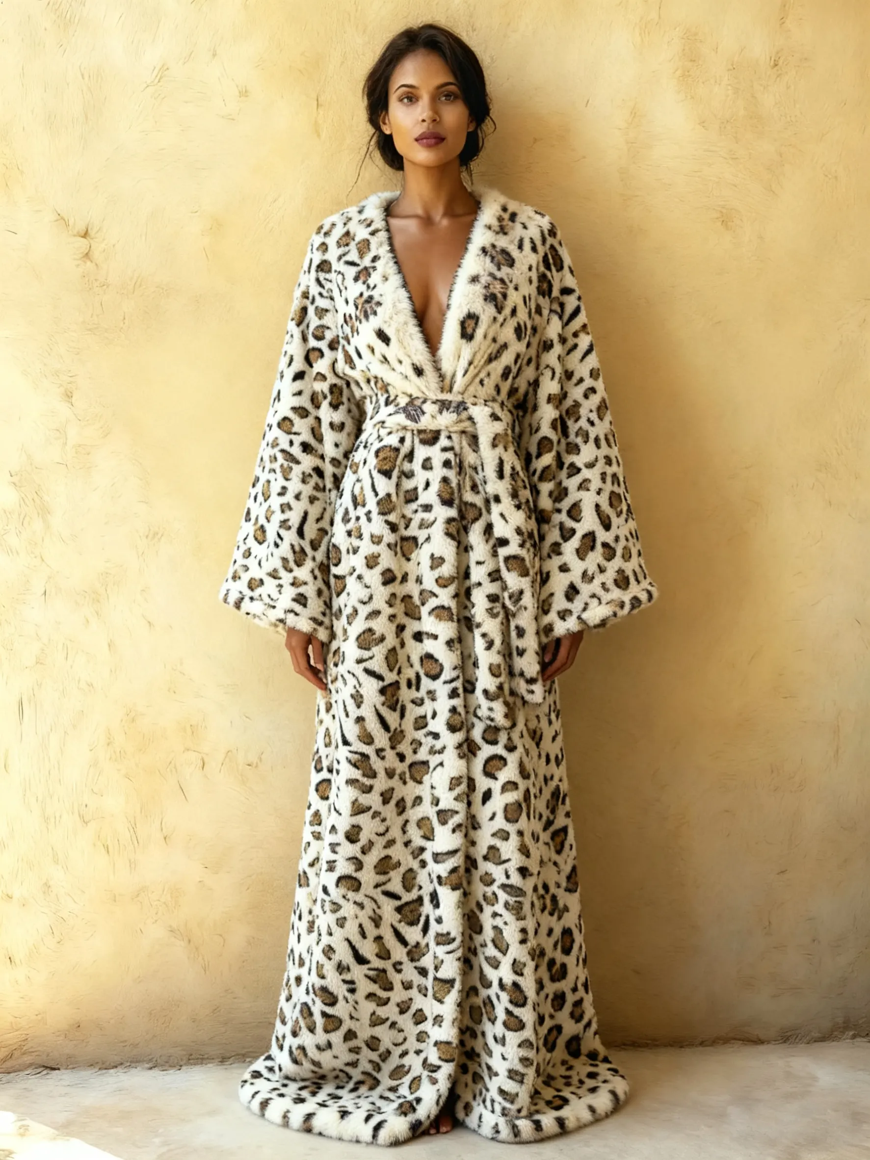 Leopard  Art Print Kimono Long Gown Plush Robe With Belt