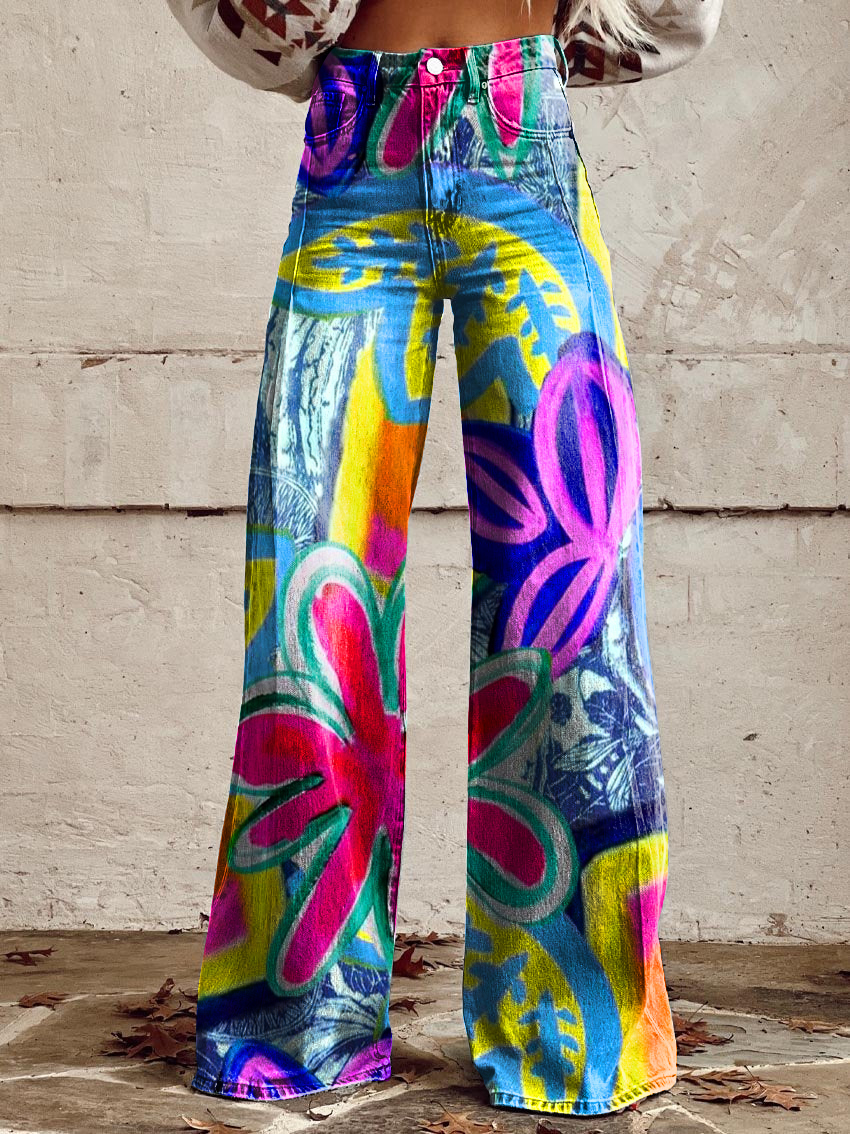 Retro Colorful Floral Art Casual Wide-Leg Pants
