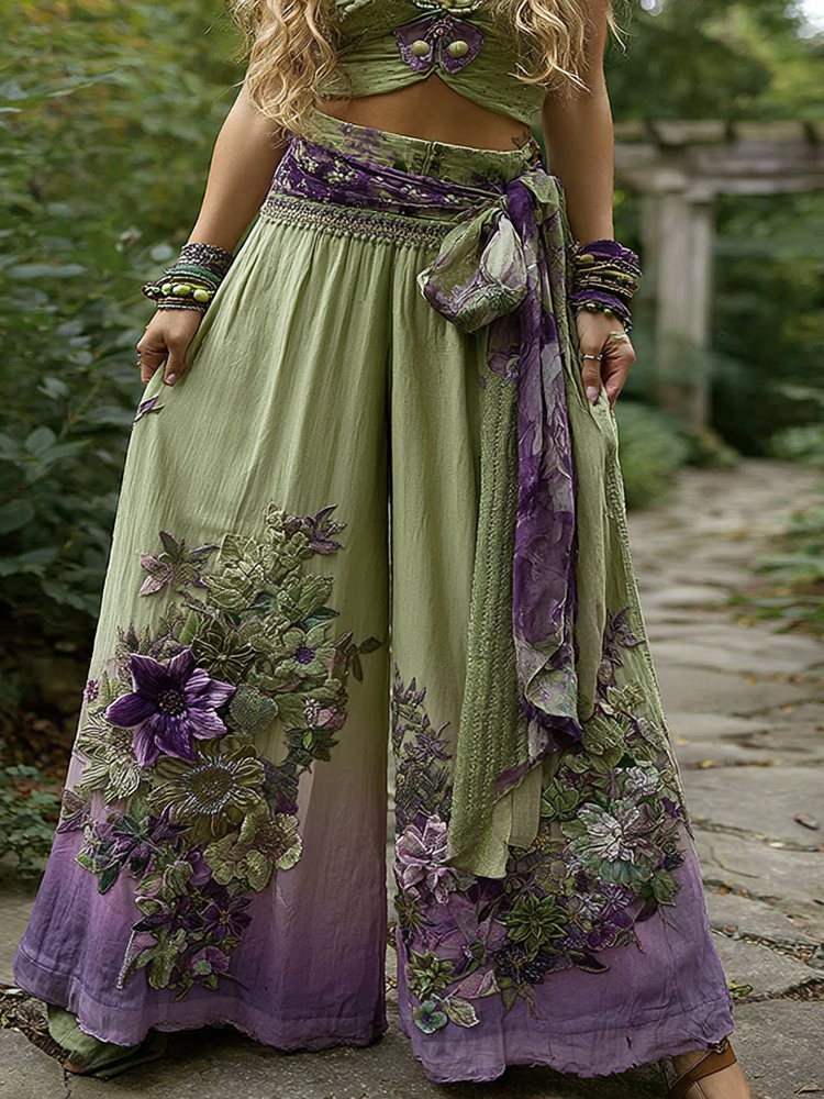 Floral Embroidered Art Print Loose Linen Blend Pants
