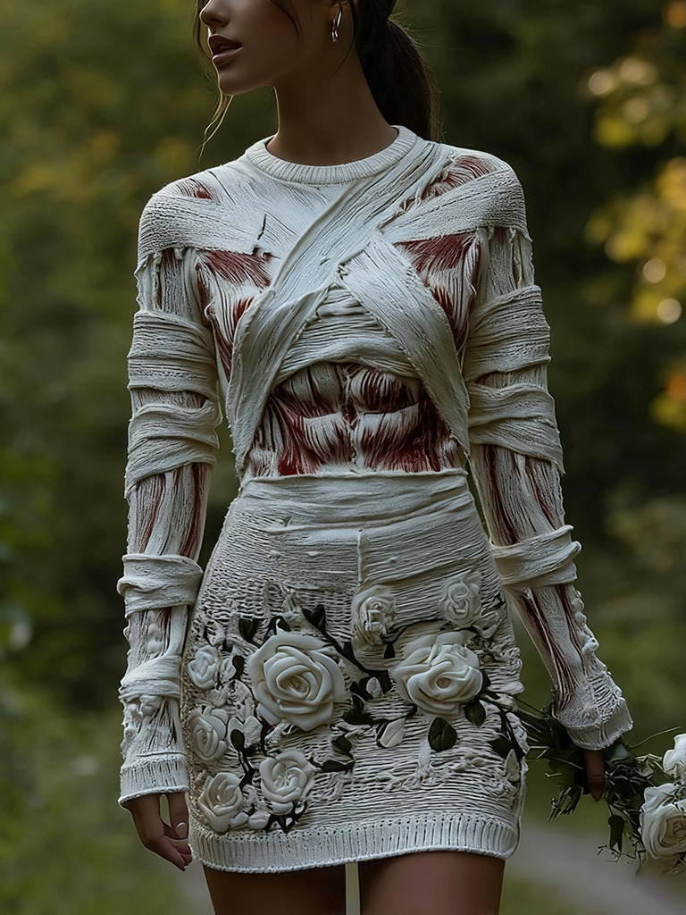 Women's Halloween Muscle Anatomy Bandage With Rose Art Cozy Knit Mini Sweater Dress