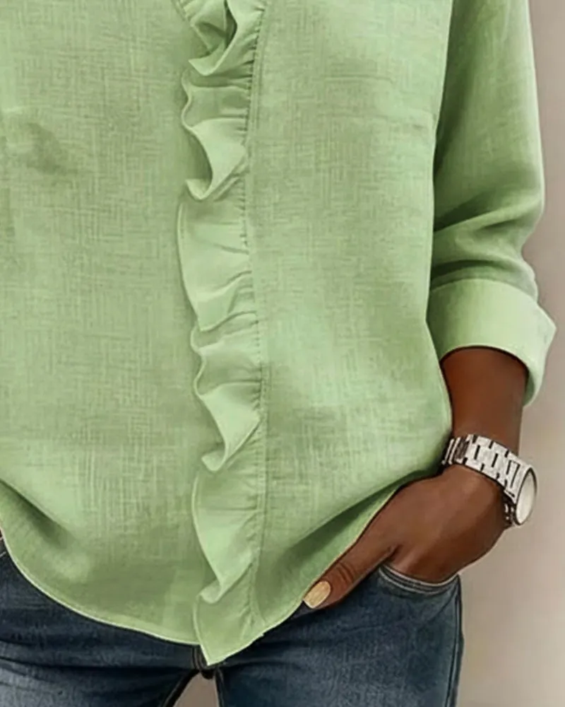 Ruffled Blouse with V-Neck & Long Sleeves