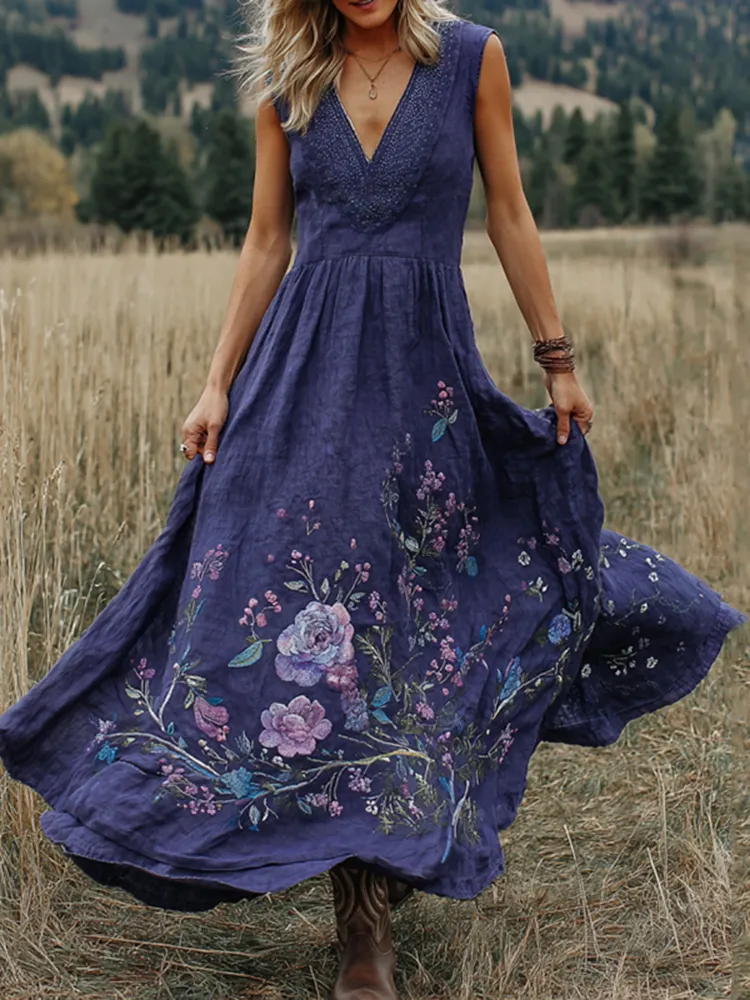 Vintage Purple Floral Embroidered Sleeveless Maxi Dress
