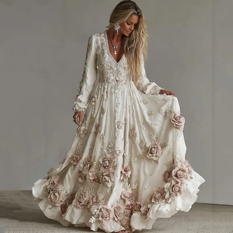 Women's Vintage Roses Art Print V-neck Long Sleeve Maxi Dress