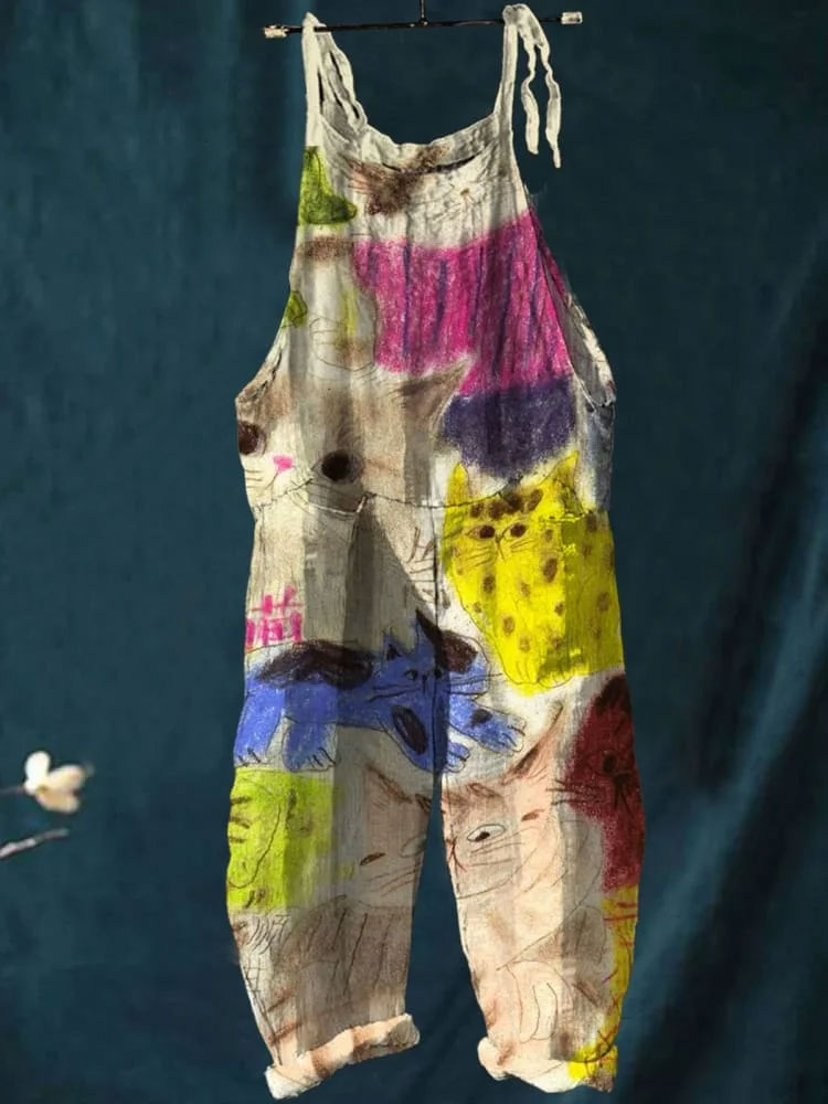 Vintage Lovely Cats Art Print Casual Wide-Leg Jumpsuit