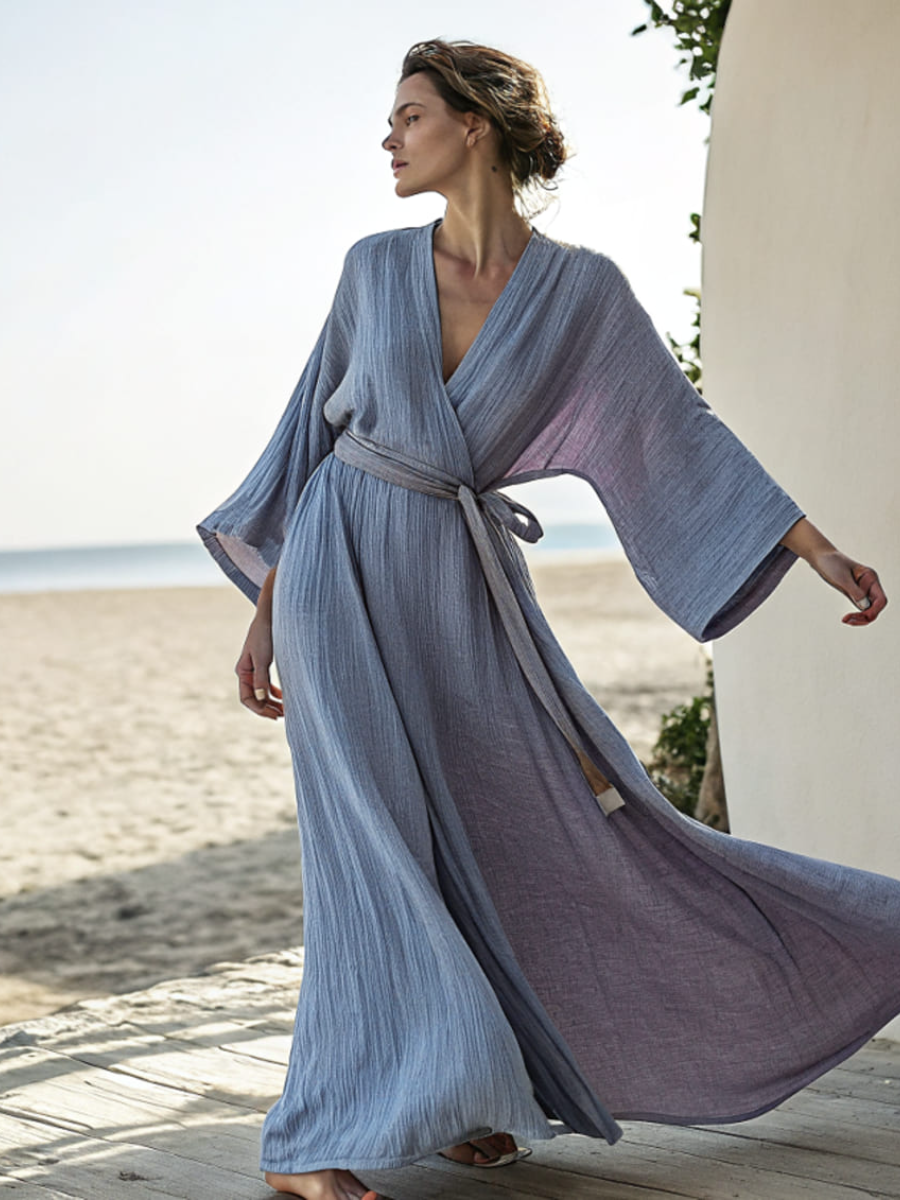 Linen V-neck Casual Kimono Robe (with belt)
