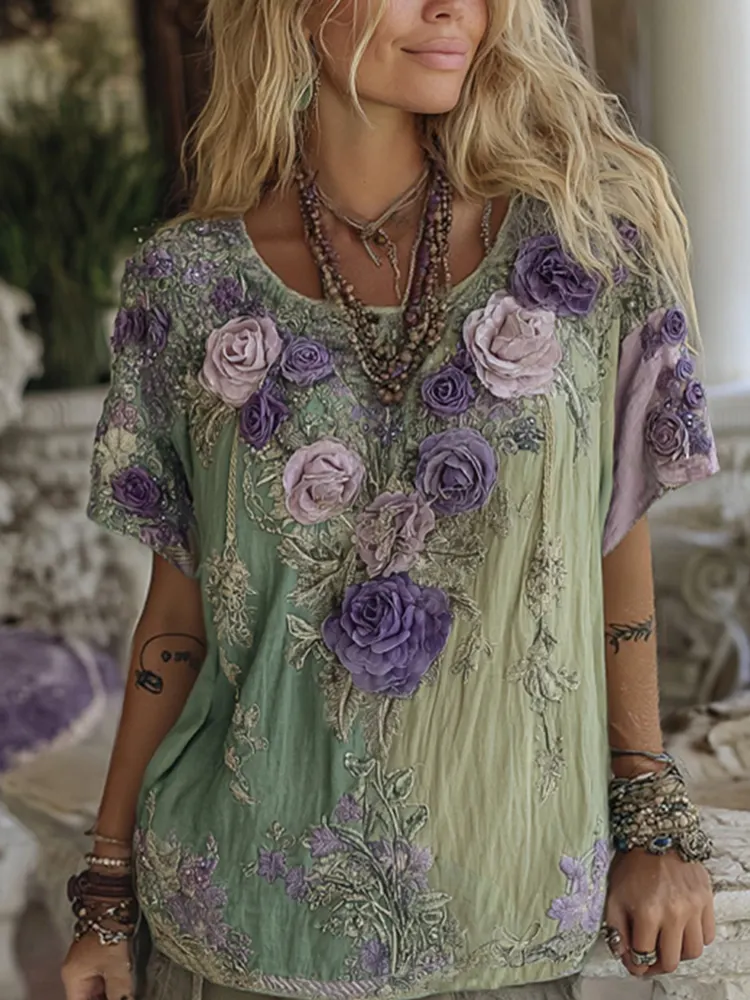 Classy Gradient Purple Lavender And Floral Embroidered Short Sleeve T-shirt