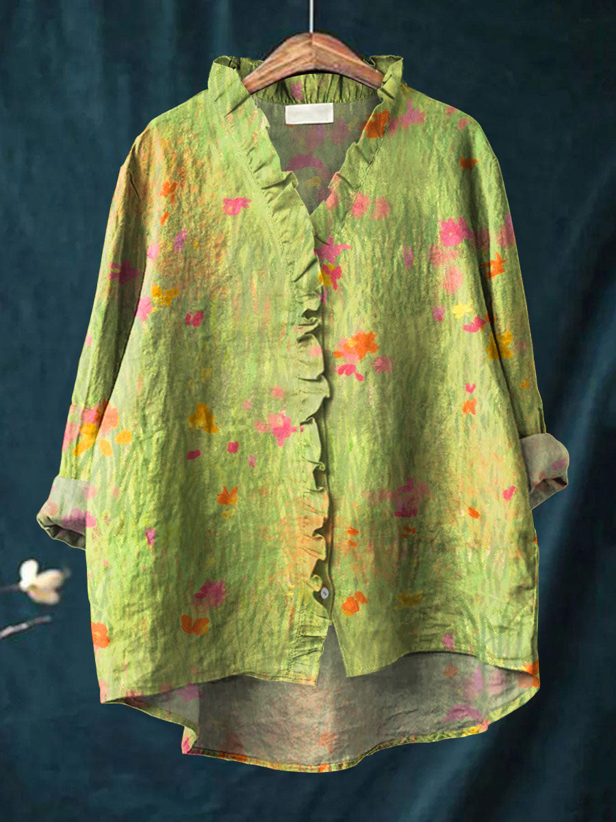 Vintage Flower Art Print Casual Cotton & Linen Ruffle Shirt