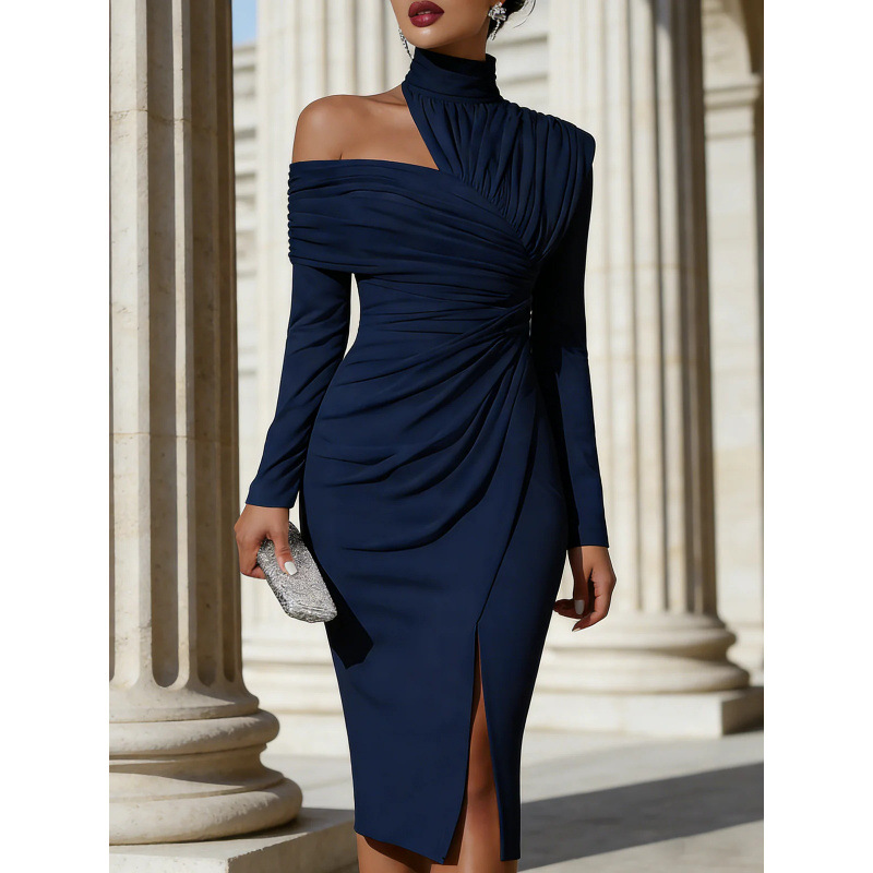 White Asymmetric Draped High-Neck One-Shoulder Midi Dress