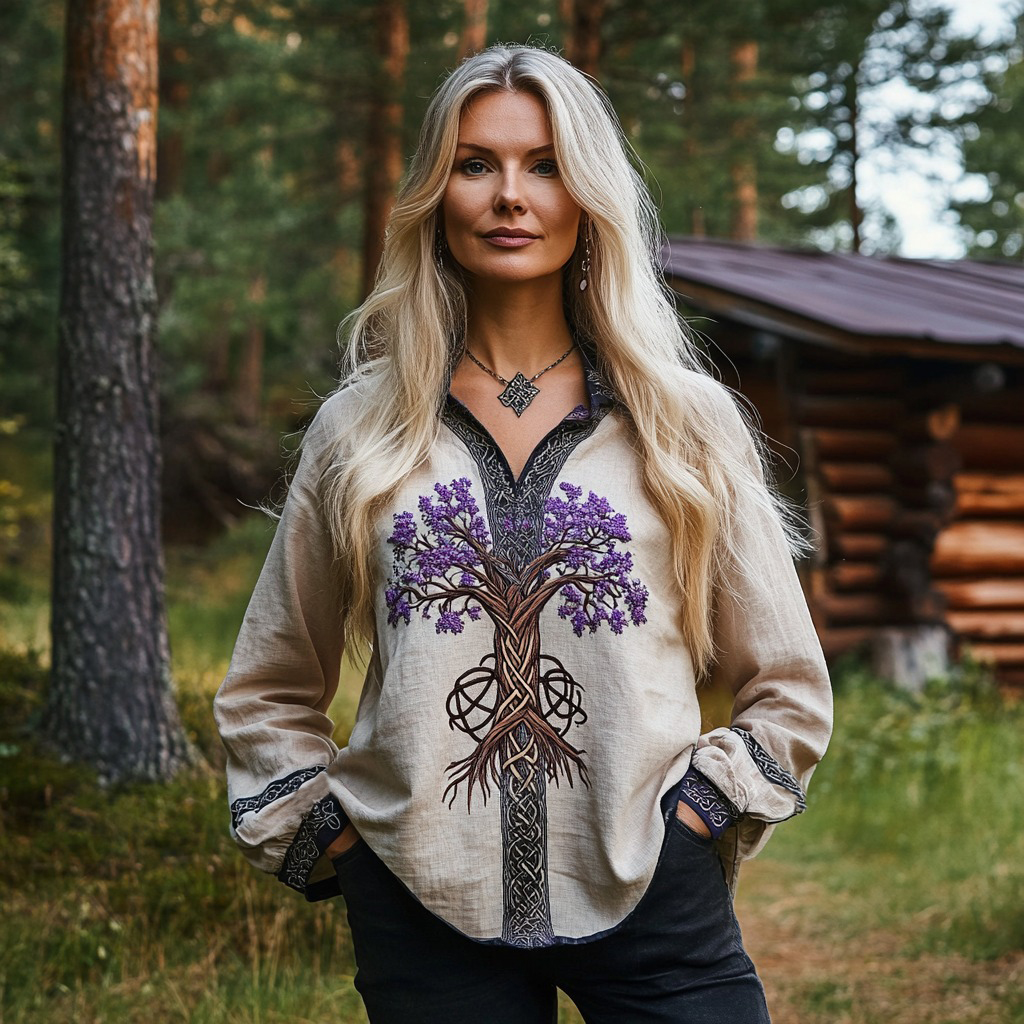 Women's Viking Purple Blossom Tree Of Life Cotton And Long Sleeve Lapel Shirt