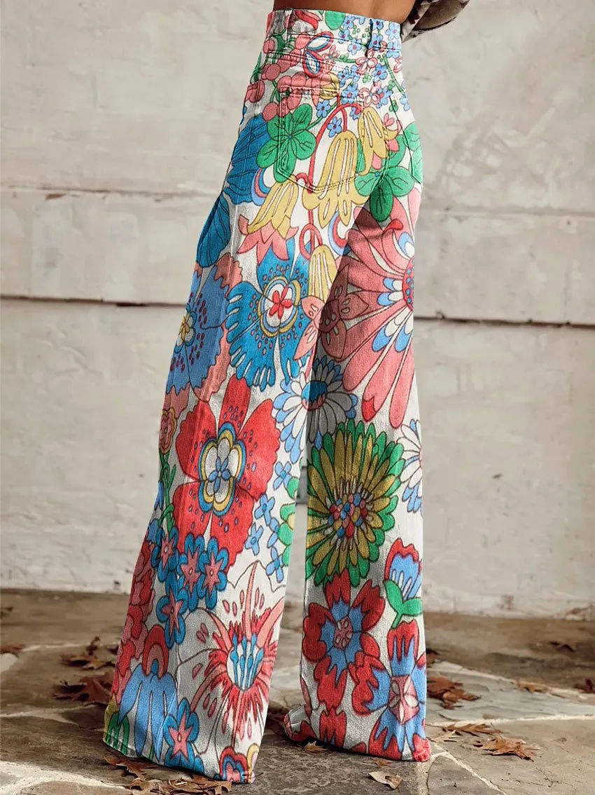 Vintage Stamens Print Casual Wide-Leg Pants