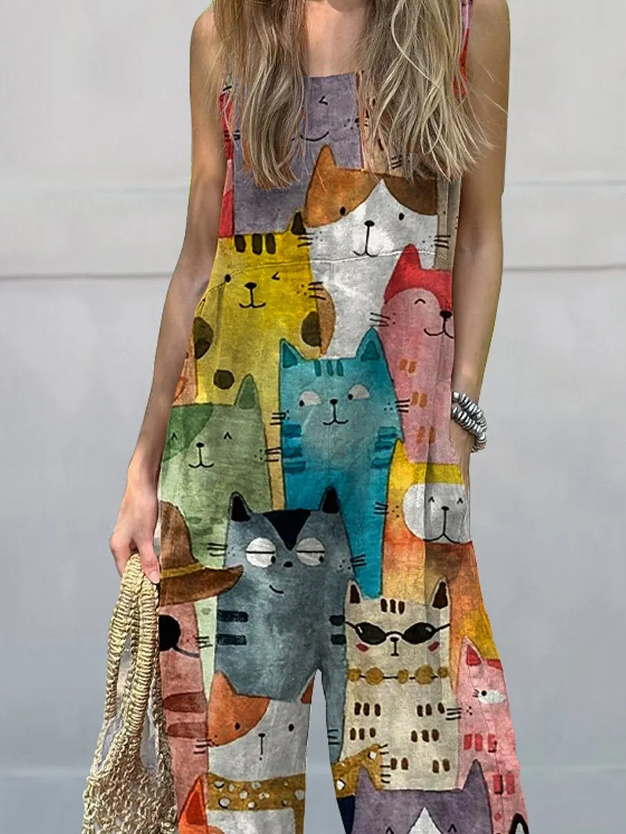 Watercolor Cute Cats Repeat Pattern Printed Women's Casual Wide-Leg Jumpsuit