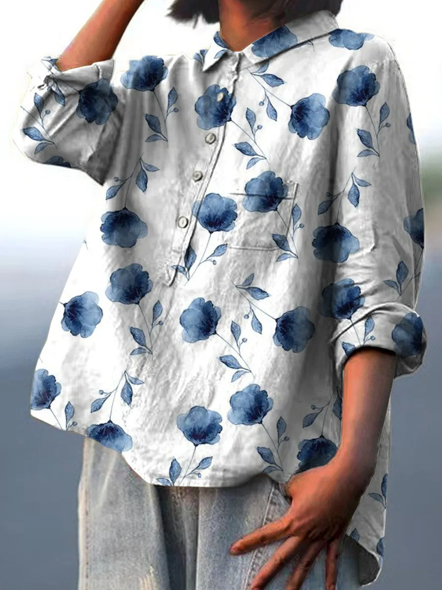 Cute Little Blue Flower Print Casual Cotton & Linen Shirt