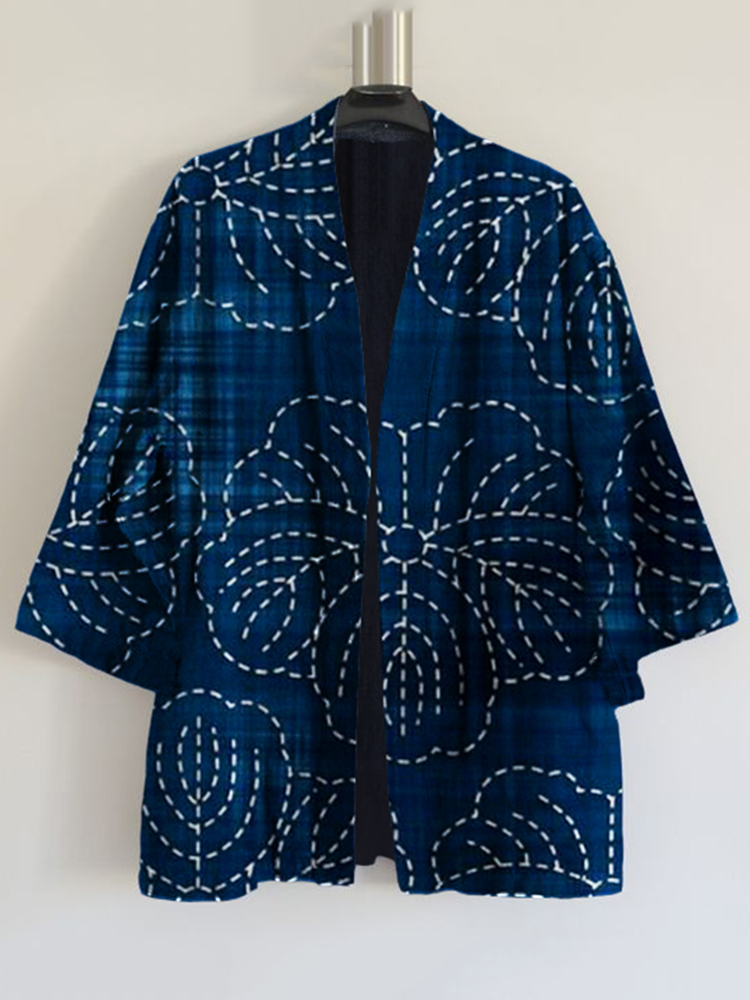 Japanese Traditional Sashiko Floral Blooming Art Print Blend Kimono Cardigan