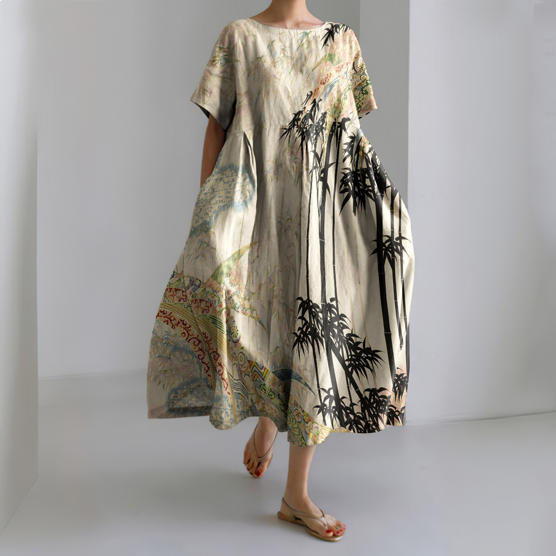 Vintage Japanese Art Print Short Sleeve Midi Dress