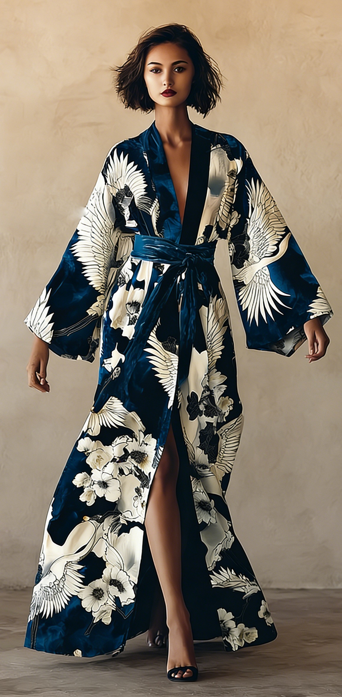 Women's Elegant Vintage Crane Art Print Robe