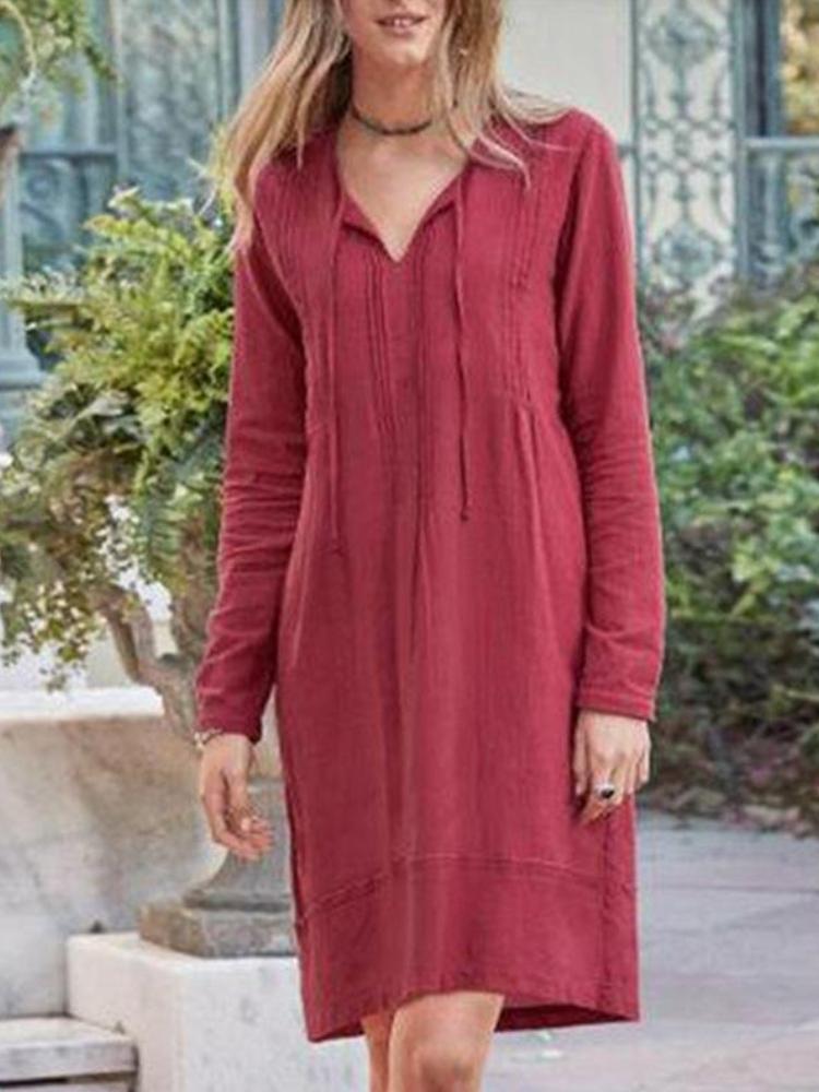 Solid Color Loose Long Sleeve Linen Mini Dress