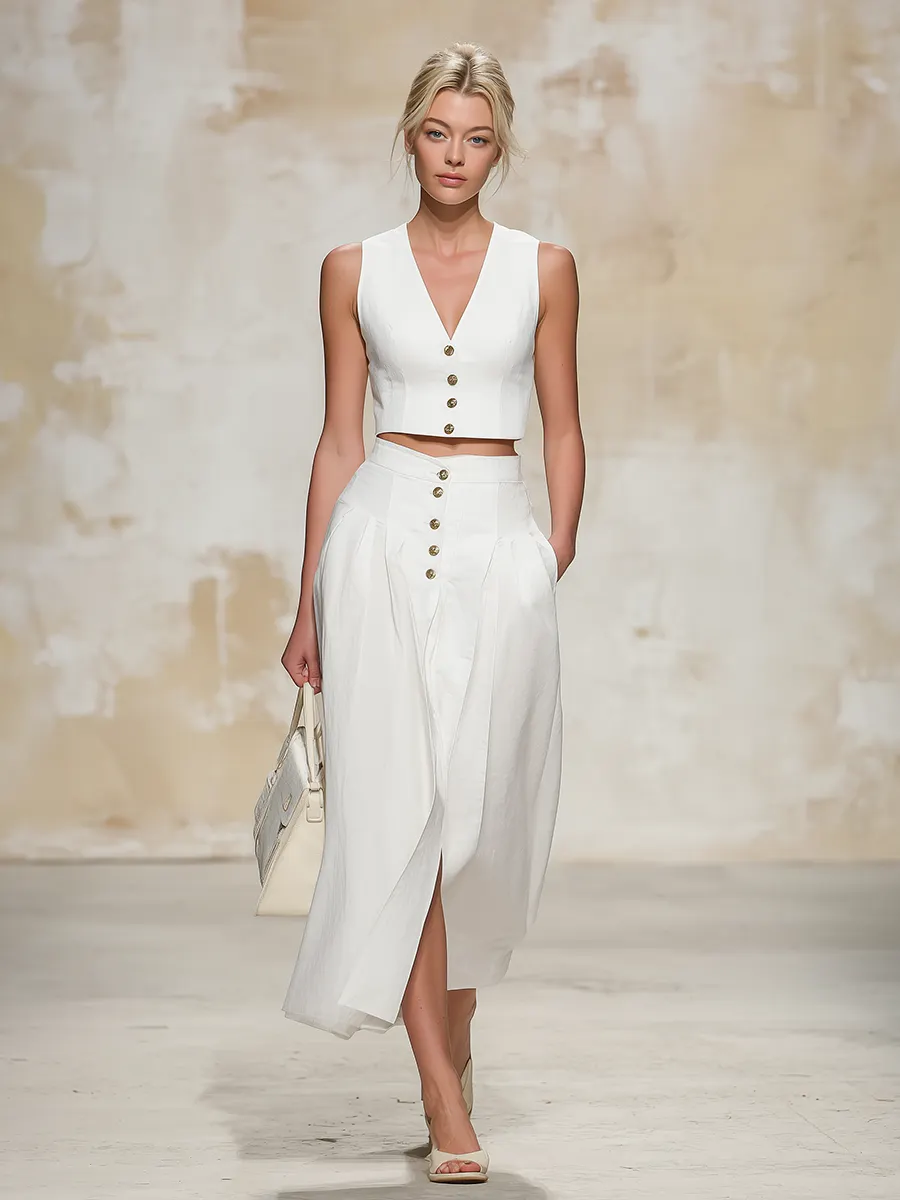 Vintage & Elegant V-neck Vest & Button-front Skirt Set