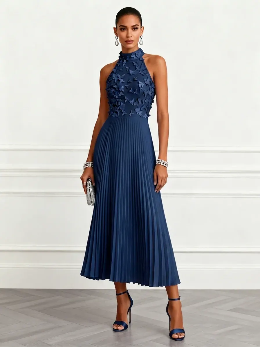 Purplish Blue 3D Floral Classic Halter Neck Sleeveless A-Line Midi Dress