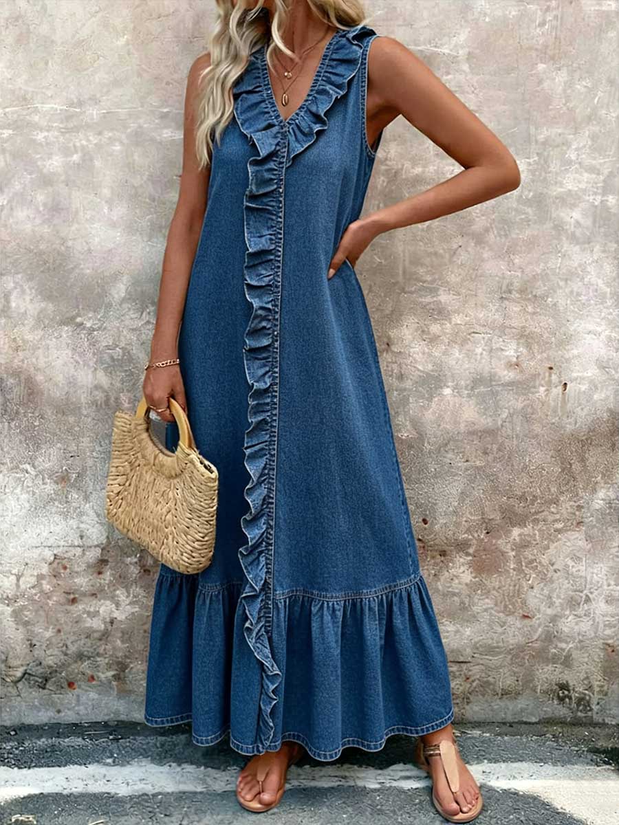 Ruffled V-neck Sleeveless Loose-fitting Denim Dress