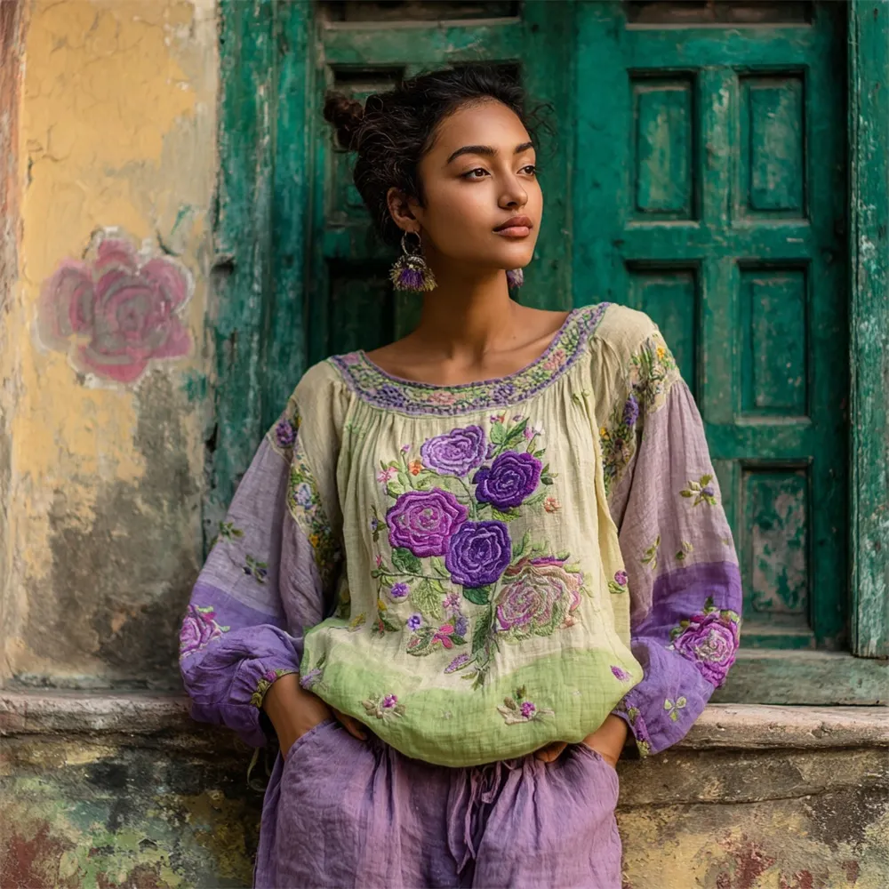 Ethnic Boho Floral Embroidery Women's Linen Loose Shirt