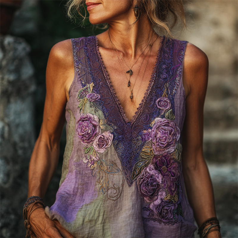 Vintage Glitter Purple Roses Embroidered Tank Top