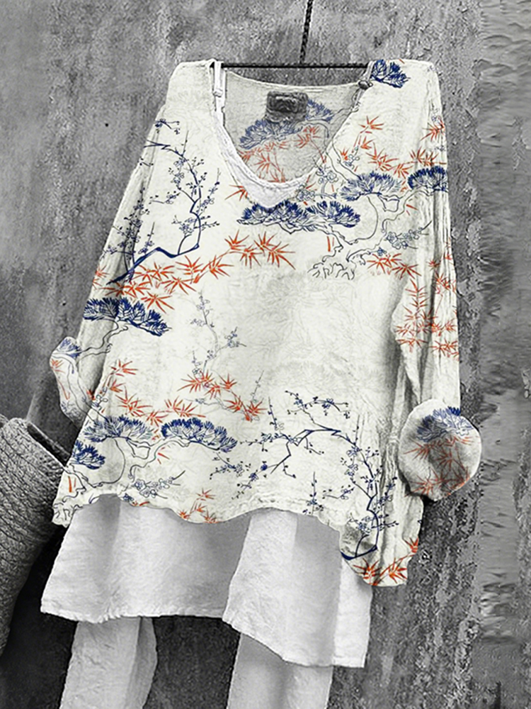 Japanese Floral Art Print V-neck Loose T-shirt