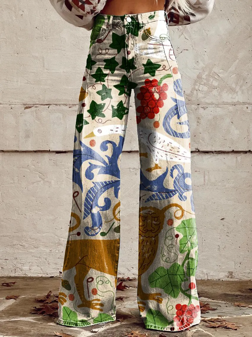 Retro Tropical Fruit Animal Casual Wide-Leg Pants