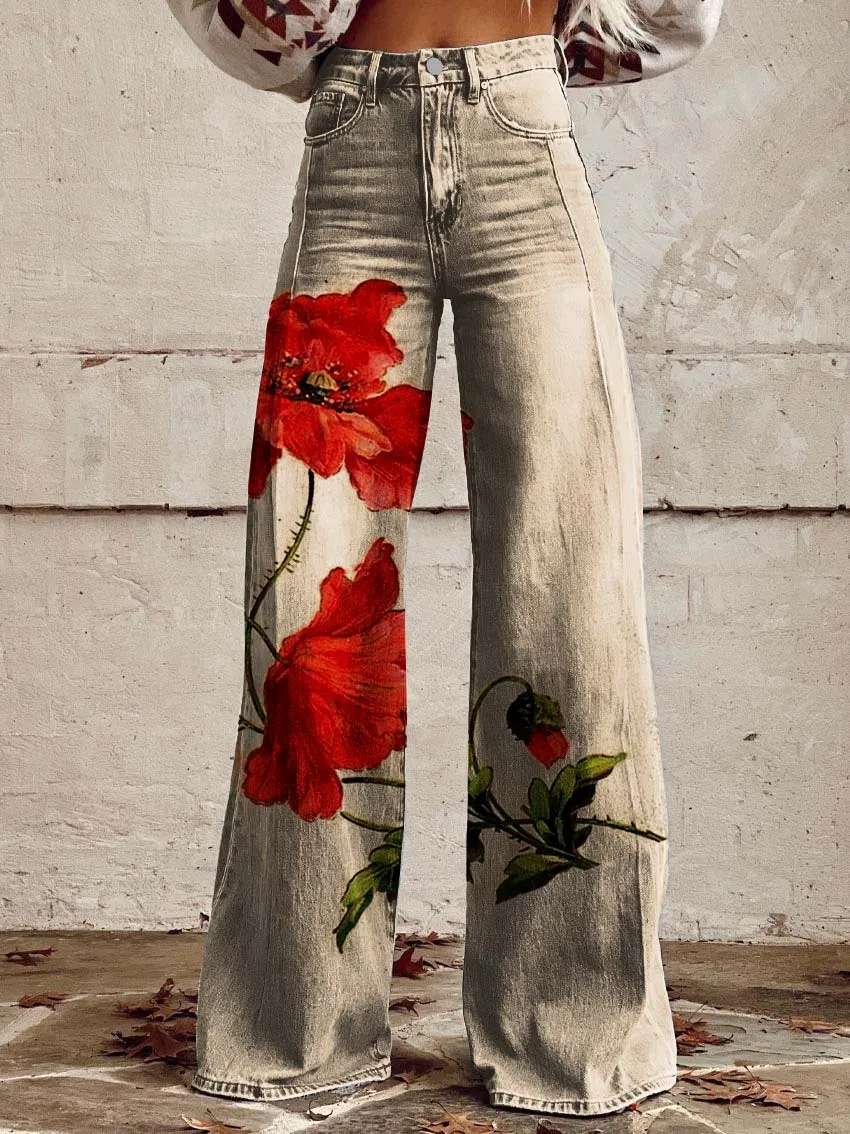 Poppy Print Casual Wide-Leg Pants