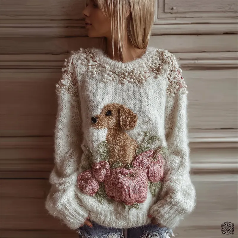 Lovely Dog & Pink Pumpkins Cozy Fuzzy Knit Sweater