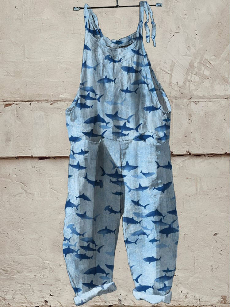 Petite Shark Pattern Printed Women's Casual Wide-Leg Jumpsuit