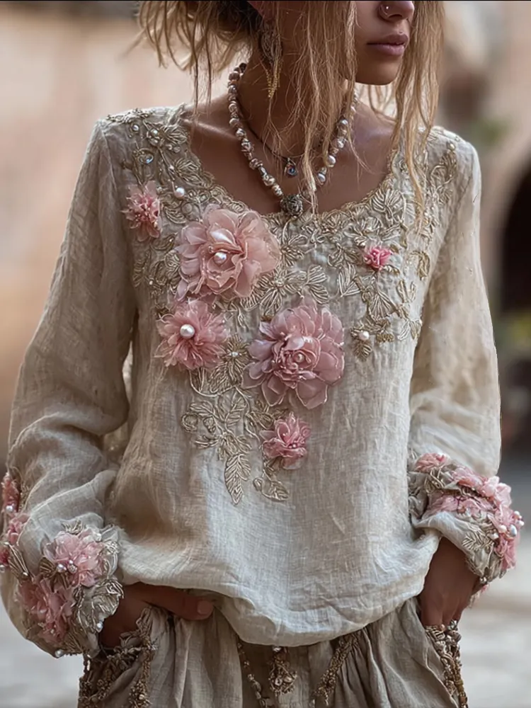 Women's Pink Embroidered Vintage Long-sleeved Round-neck Top