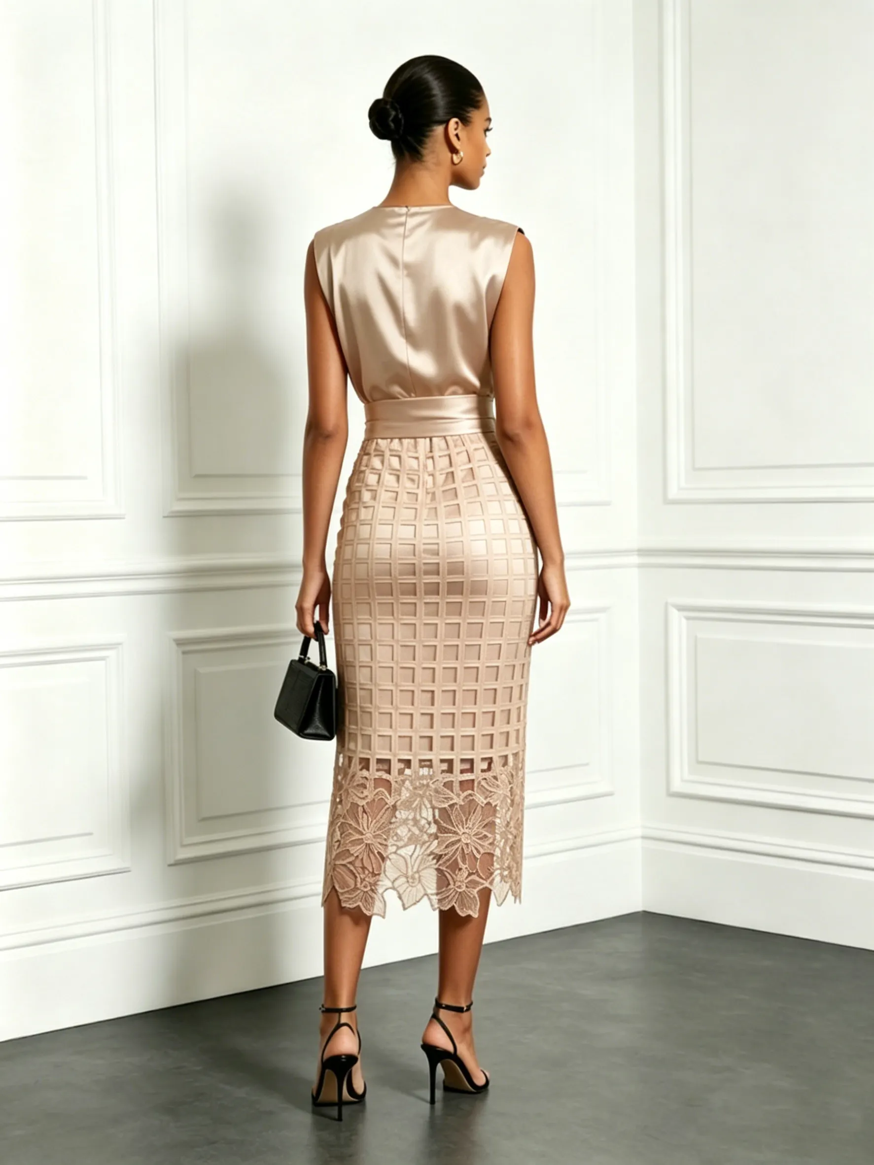 Champagne Lace Crew Neck Sleeveless Elegant Top With Skirt Two-Piece Set