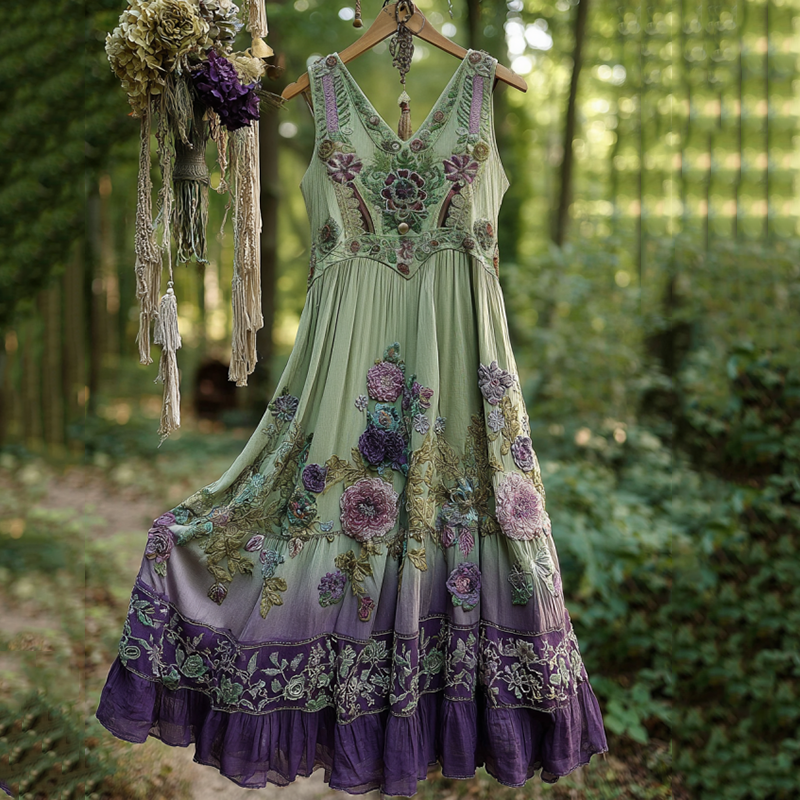Classy Gradient Purple Lavender And Floral Embroidered Tank Dress