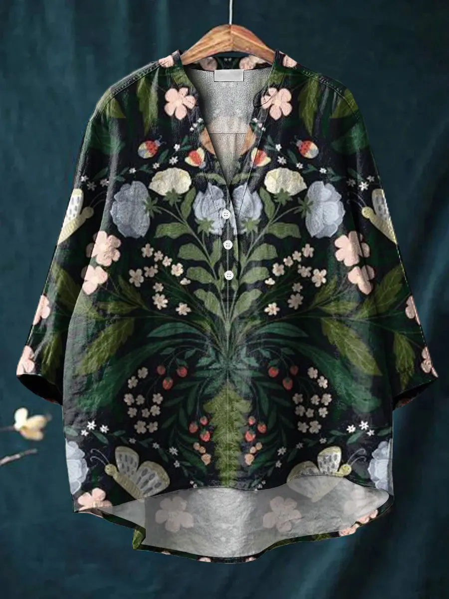 Beautiful Vintage Floral Symmetric Art Print Casual Cotton & Linen Ruffle Shirt