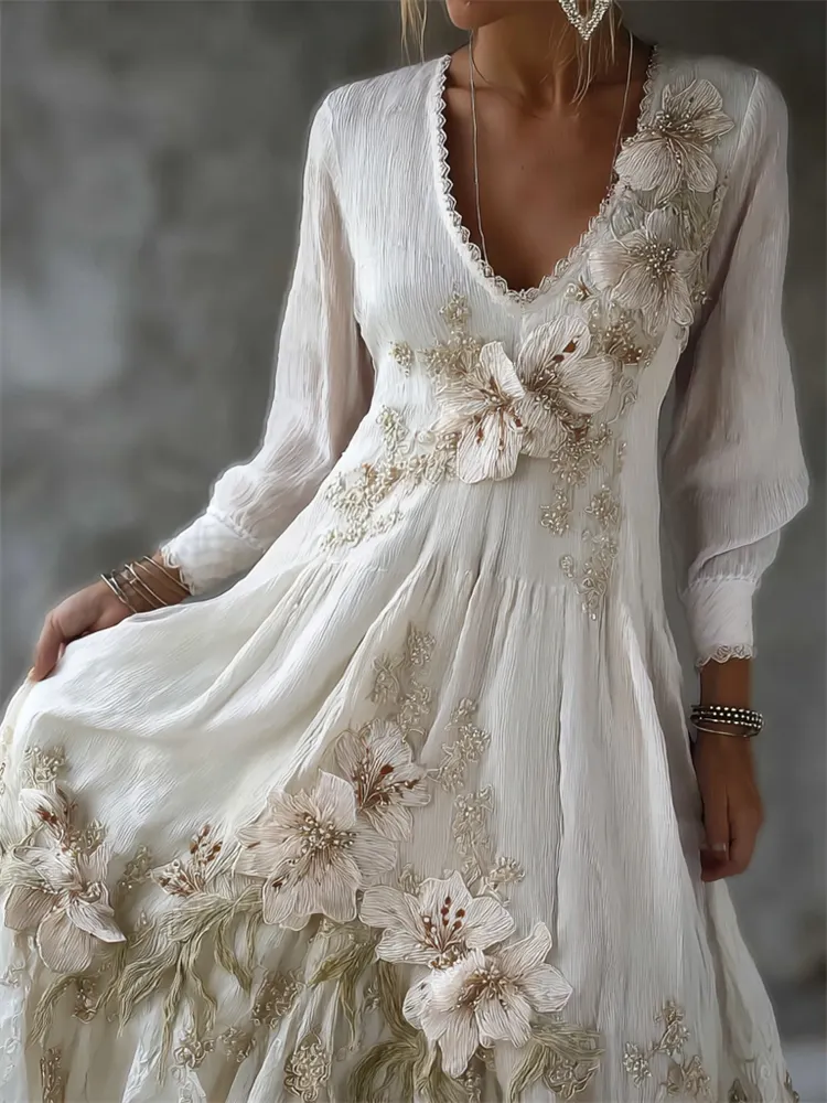 Vintage Lily Flowers Lace V Neck Maxi Dress