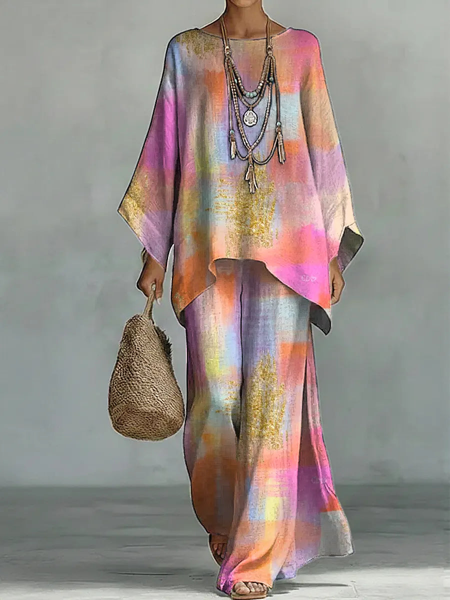 Gradient Pattern Art Print Casual Cotton Linen Set