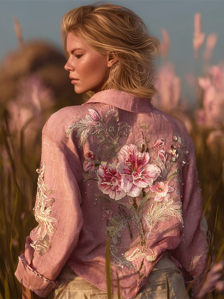 Boho Floral Embroidery Vintage Women's Linen Shirt