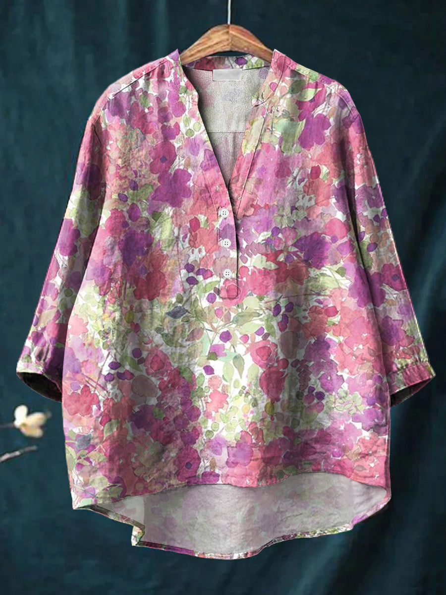 Artistic Purple Flowers Print Casual Cotton & Linen Ruffle Shirt