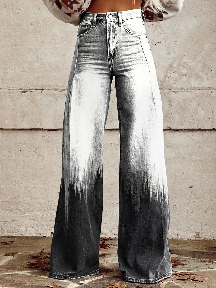 Vintage Print Casual Wide-Leg Pants