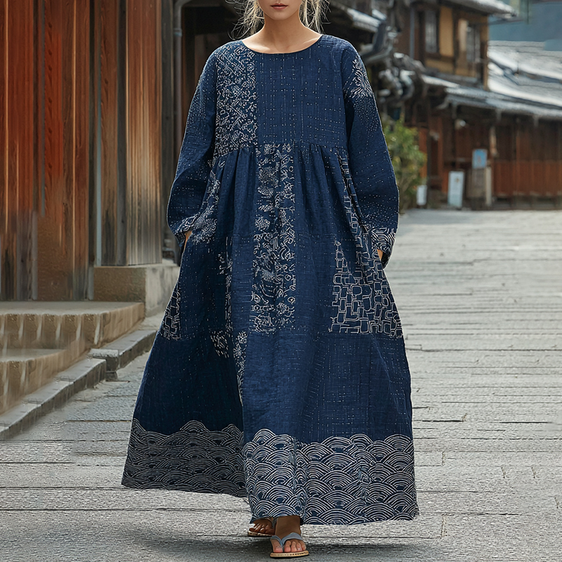 Japanese Waves Art Linen Flowy Maxi Dress