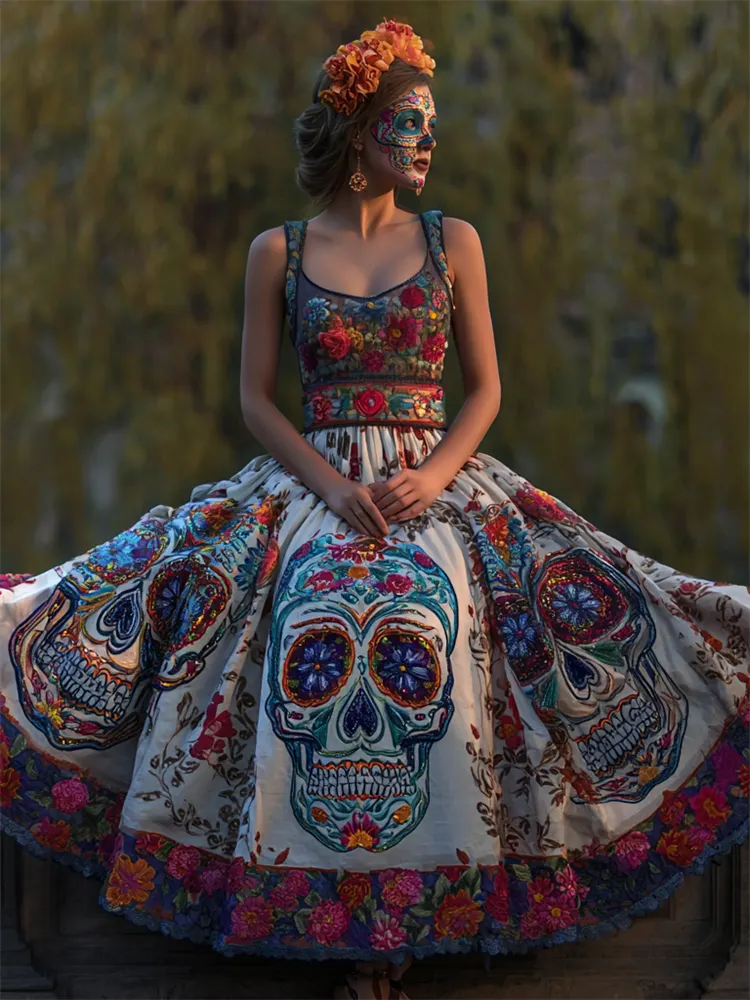 Day Of The Dead Sugar Skulls Floral Embroidered Linen Maxi Evening Dress